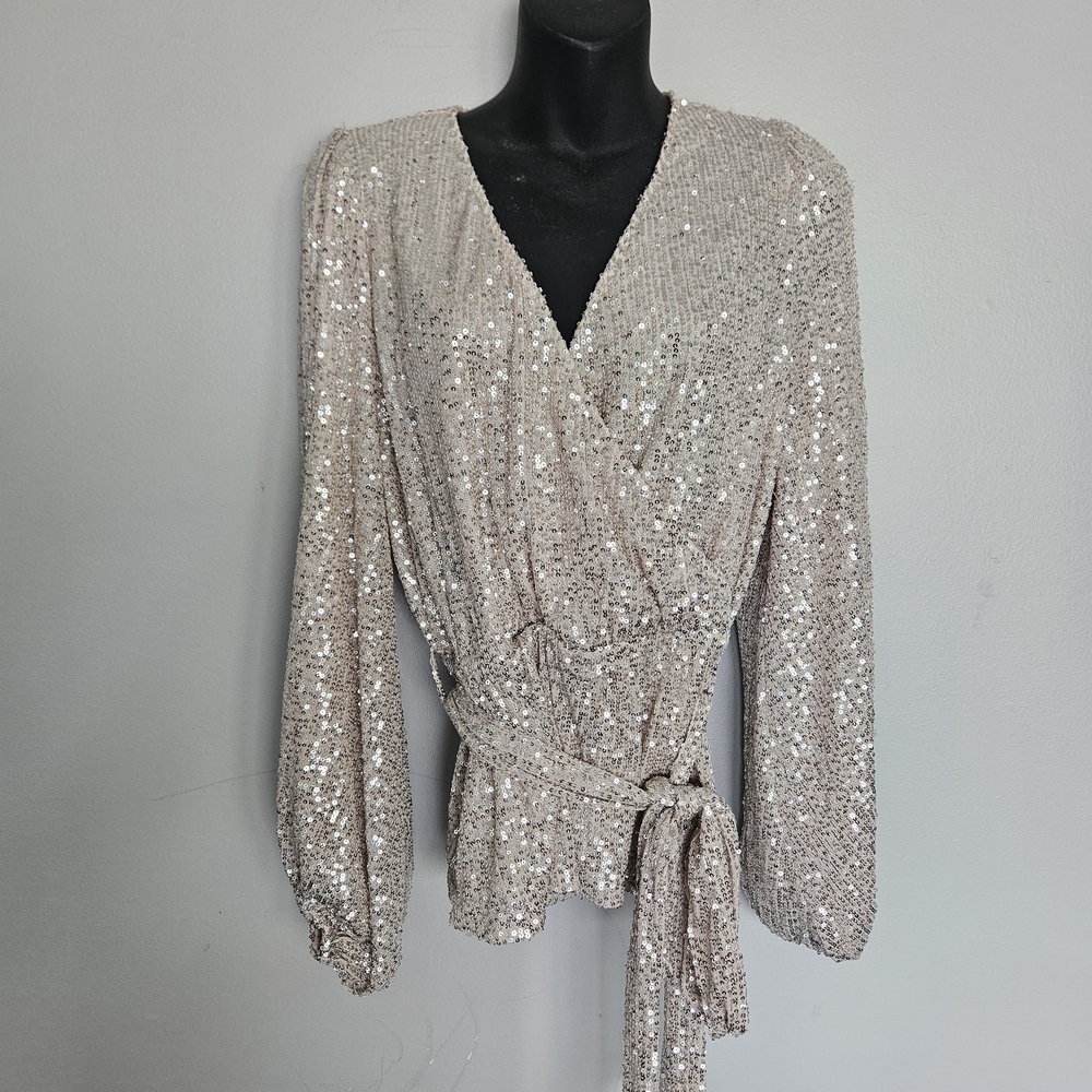 NWT Sweet Lemon Glamorous Sequin Wrap Blouse Sz Medium Balloon Slv Tie